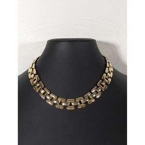 Vintage Gold Tone Tank Track Link Statement Collar Necklace 16.5 Inch
